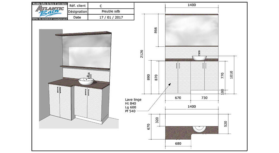 Meuble lave linge avec plans compact, 112 à 145 cm - Atlantic Bain