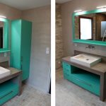 salle bain beton gris meuble turquoise
