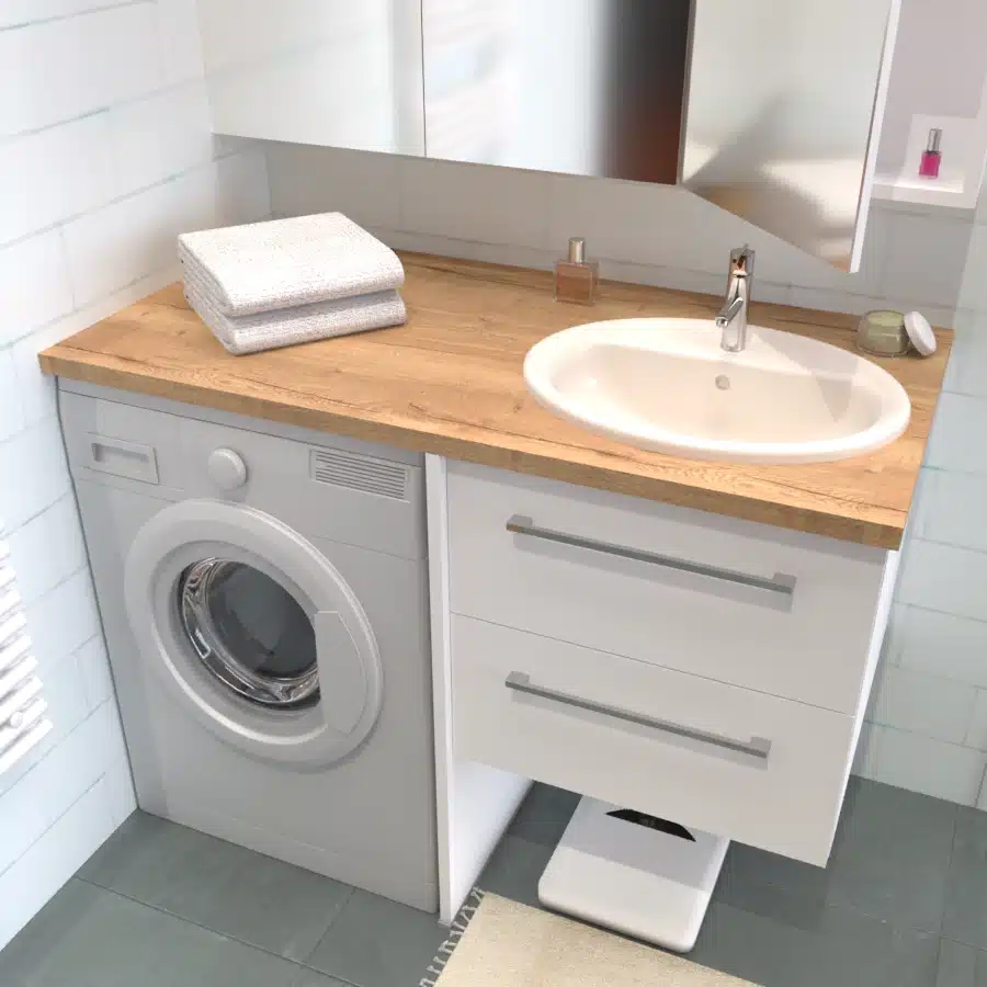 Meuble salle de bain avec lave-linge caché sous plan sur mesure