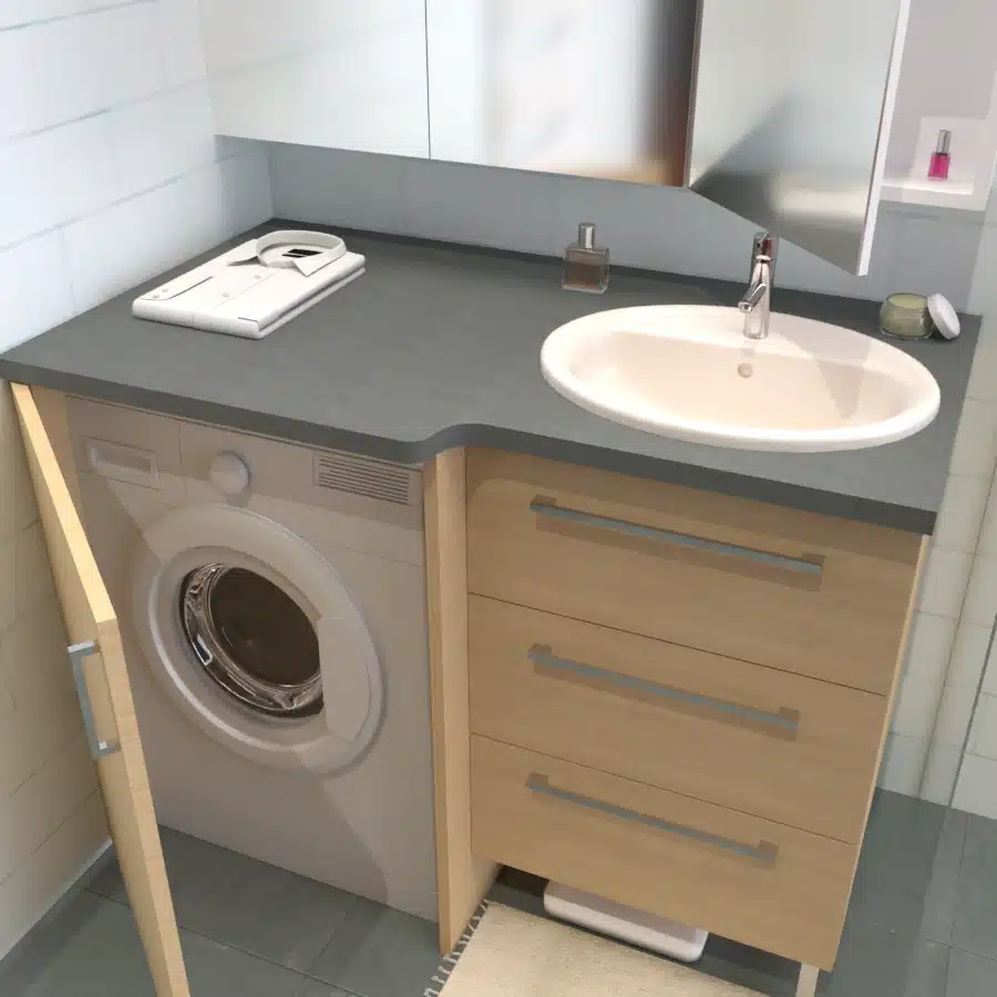 Meuble salle de bain avec lave-linge caché sous plan sur mesure