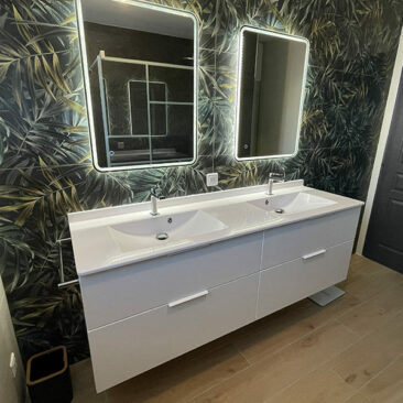 Meuble salle de bain double vasque blanc 175 cm avec miroirs rétroéclairés