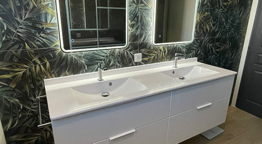 Meuble salle de bain double vasque blanc 175 cm avec miroirs rétroéclairés